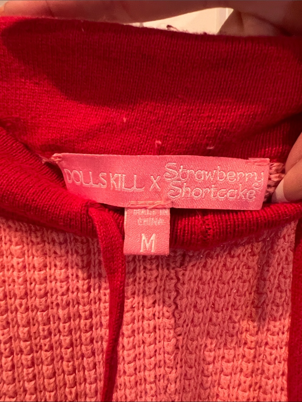 Dolls Kill Pink Knit Strawberry Flared Joggers with Red Waistband - Picture 2 of 10